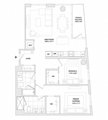 Floor plan for 2 beds, 2 baths, 1120 sqft